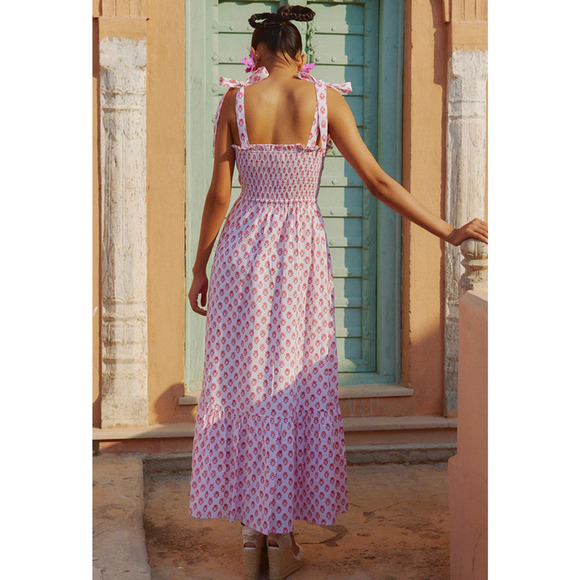 Pink City Prints Rose Meadow Red Block Jessica Maxi Dress Smocked Tuckernuck M - Picture 11 of 15